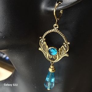 Gold Hallow Carved Blue Pendant Dangle Earrings